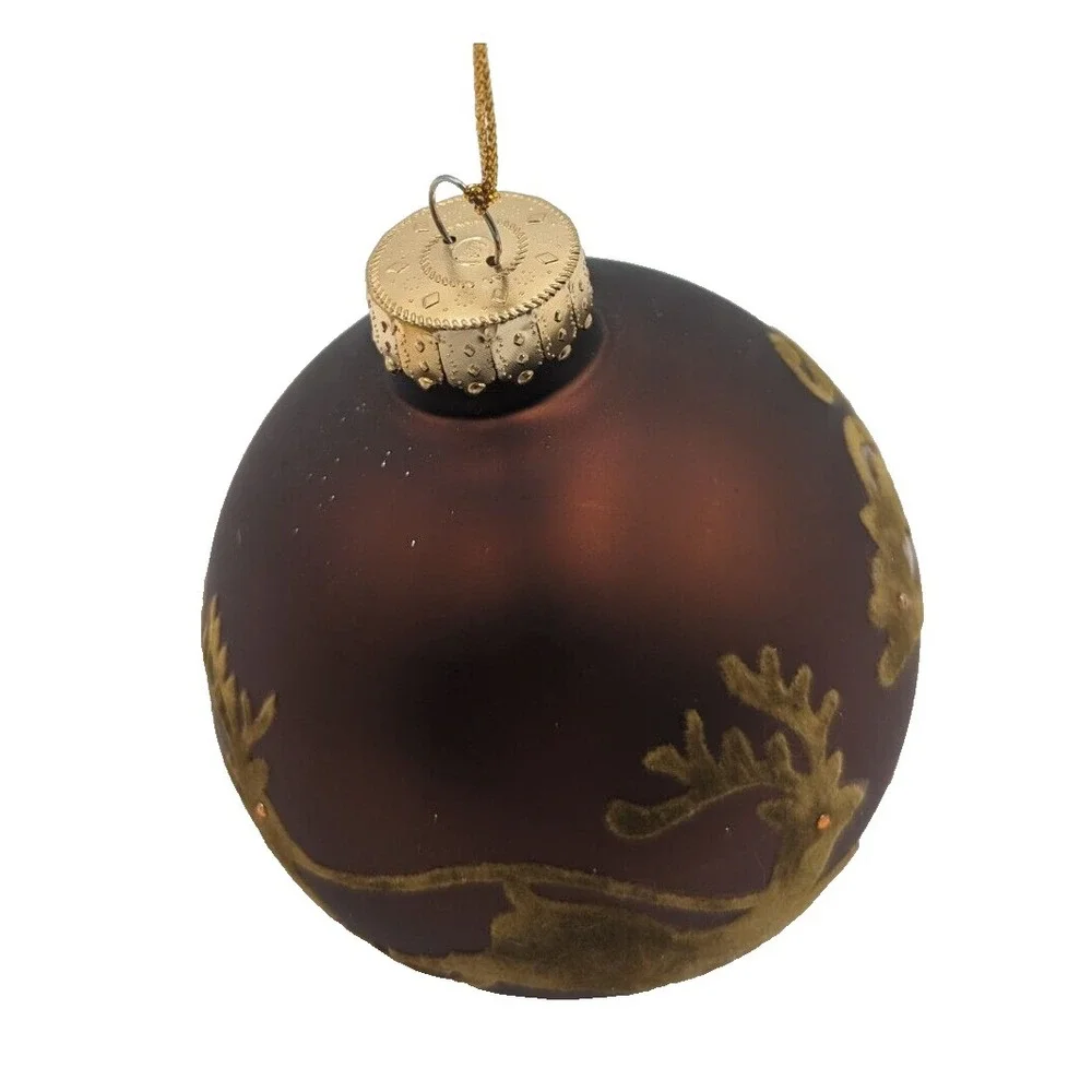 Large brown glass ball Christmas ornament flocked reindeer Santa's sleigh